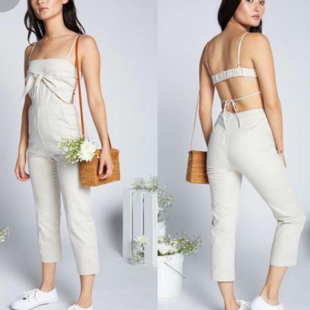 EGGIE Tan Micro Gingham Cropped Open Back Jumpsuit Size Small Tie Front